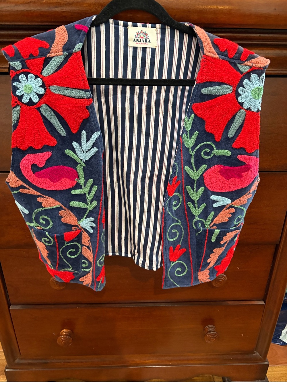 Women's Embroidered Navy Vest - Red & Pink Floral